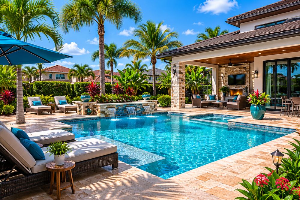 Travertine pool deck paver installation surrounding a luxury swimming pool in Melbourne Florida.